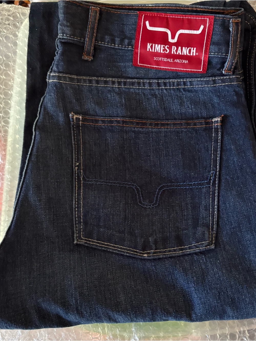 Kimes Ranch Dark Blue Straight Leg Jeans with Red Logo Patch